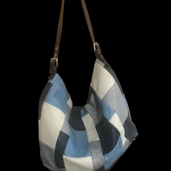 Arcadia Patchwork Leather Shoulder Bag Blue Cream Gray Boho Y2K - Picture 7 of 8